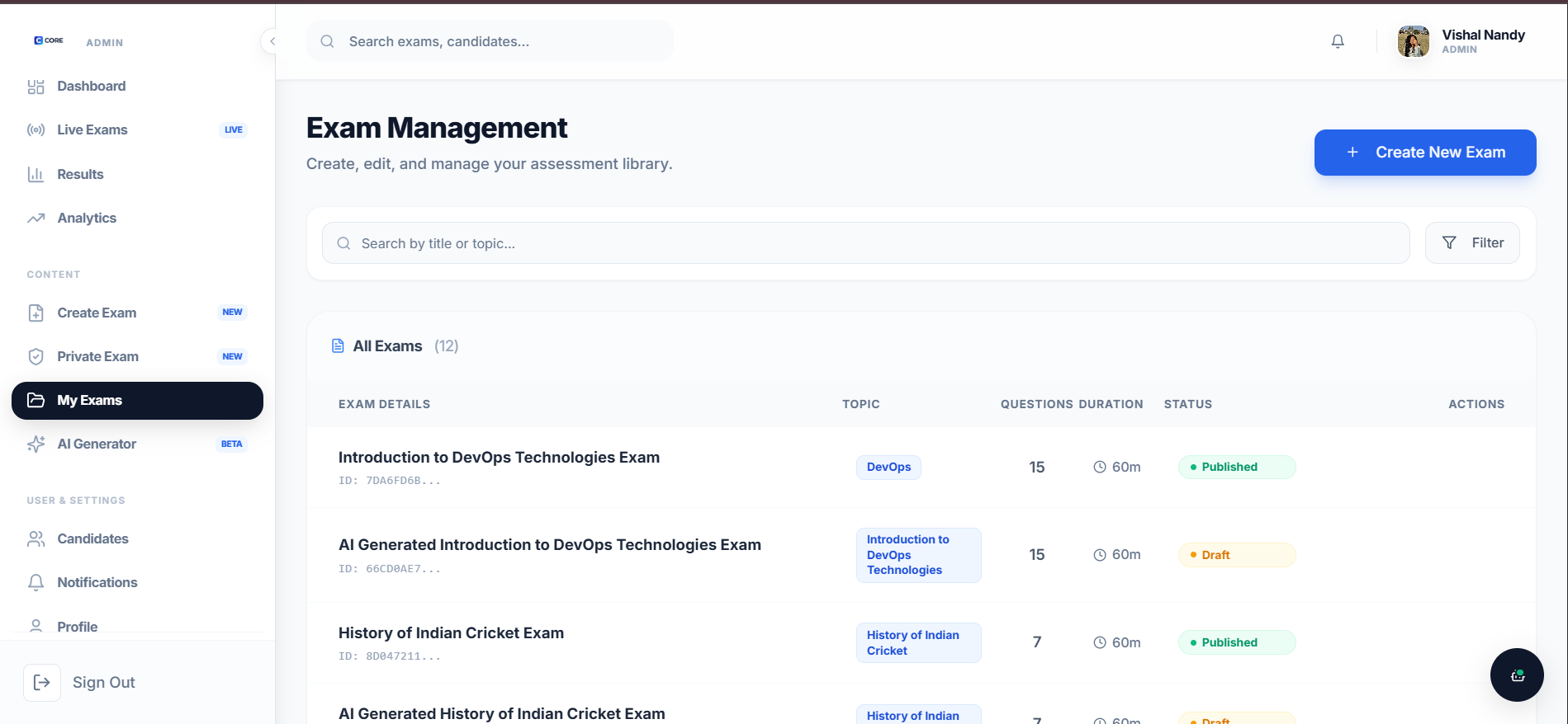 CORE online exam software management dashboard